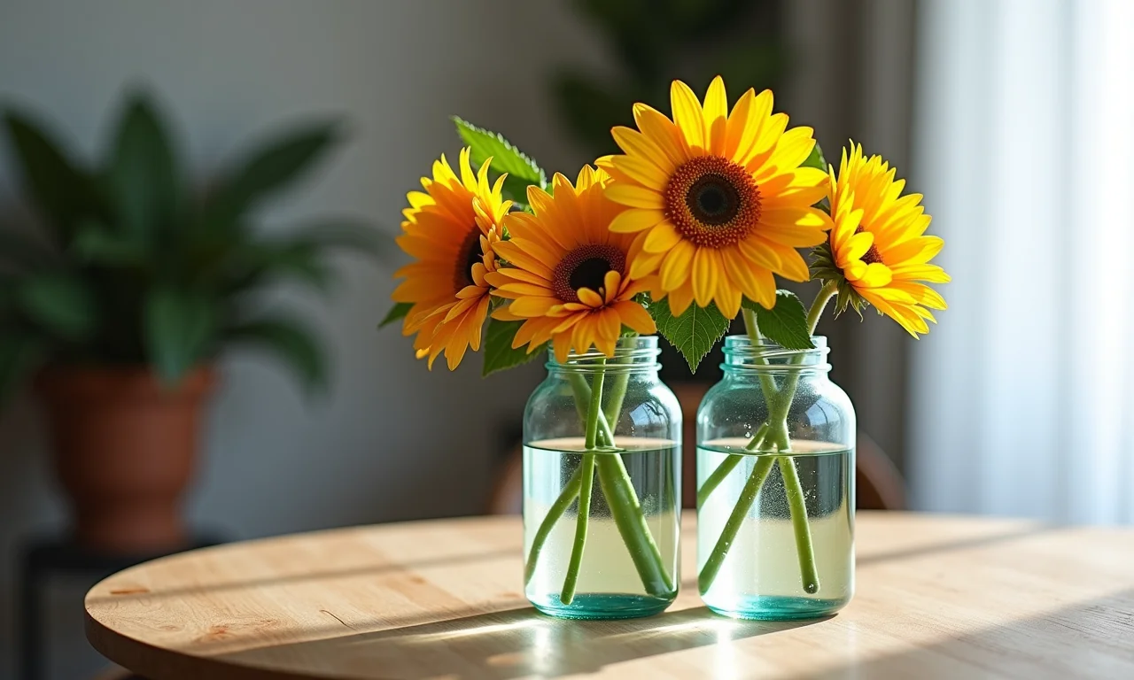 Potes de vidro decorados servindo como vasos de flores criativos em uma mesa de jantar.
