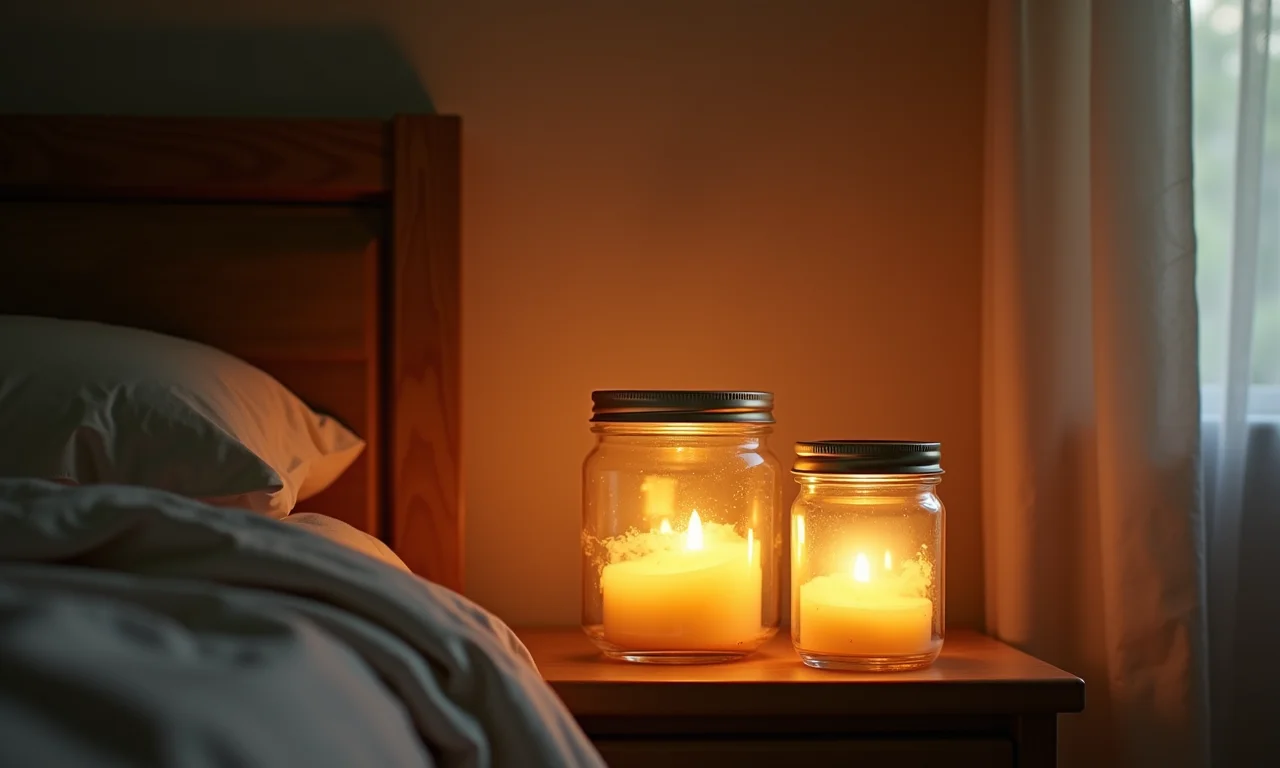 Potes de vidro decorados transformados em luminárias aconchegantes sobre uma mesa de cabeceira.