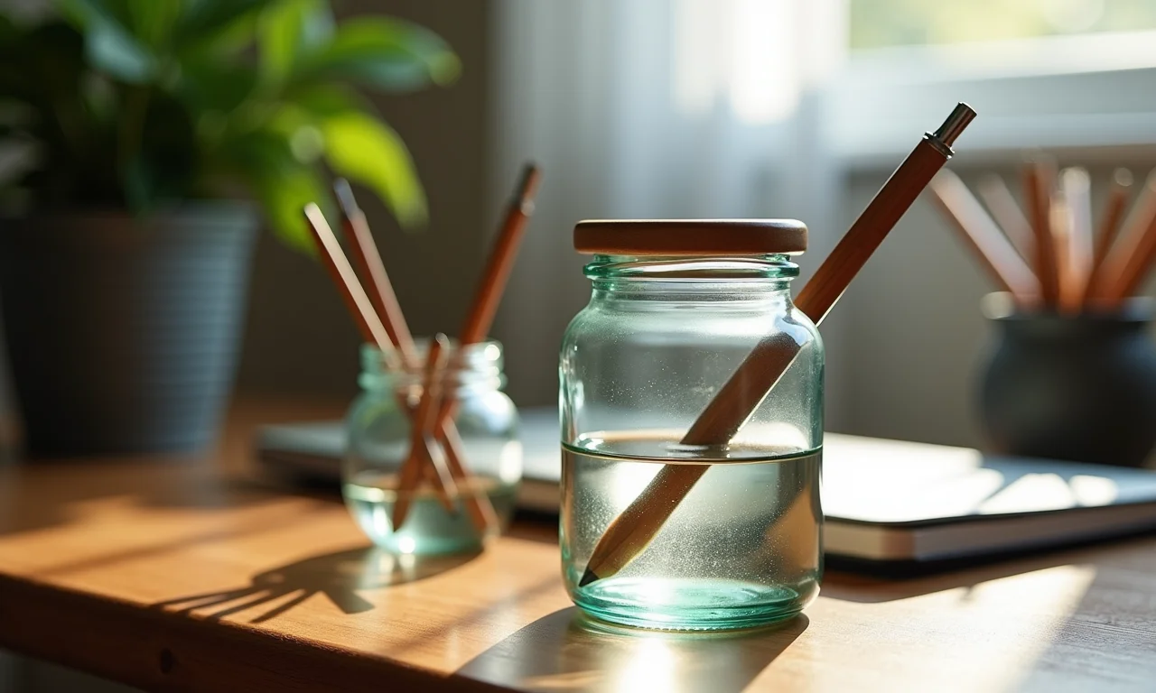 Potes de vidro decorados usados como porta-trecos em uma mesa de escritório.