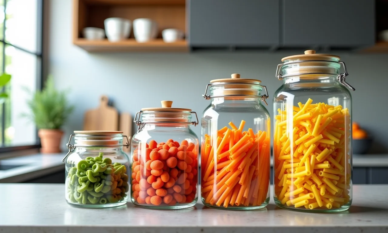 Potes de vidro utilizados para armazenar alimentos com estilo em uma cozinha moderna.