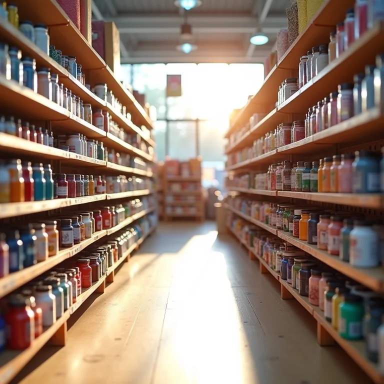 Prateleira de loja com tintas para tecido e materiais de arte