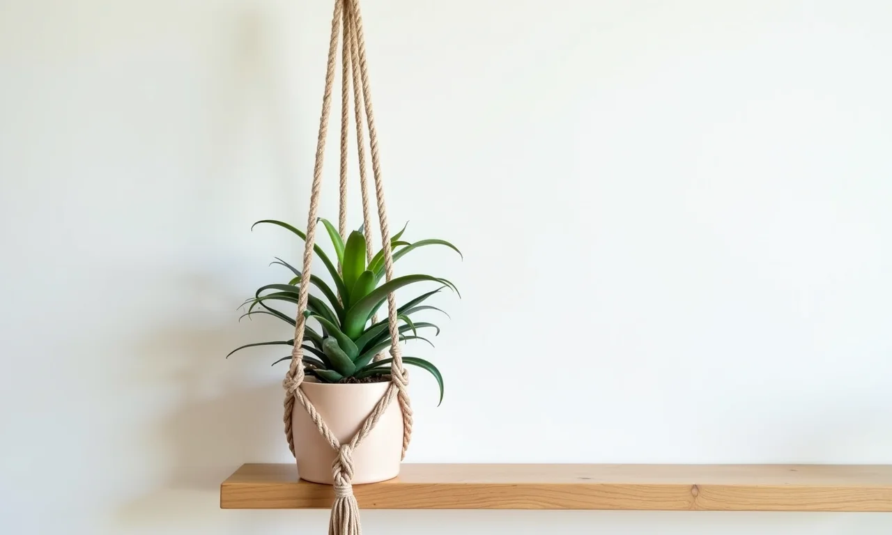 Prateleira de macramê com suculenta em ambiente minimalista.