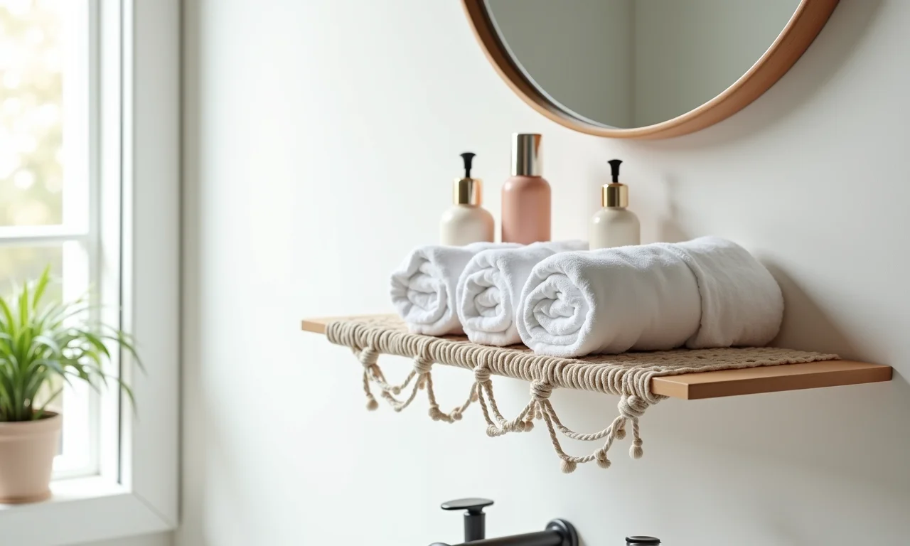 Prateleira de macramê no banheiro para produtos de beleza.