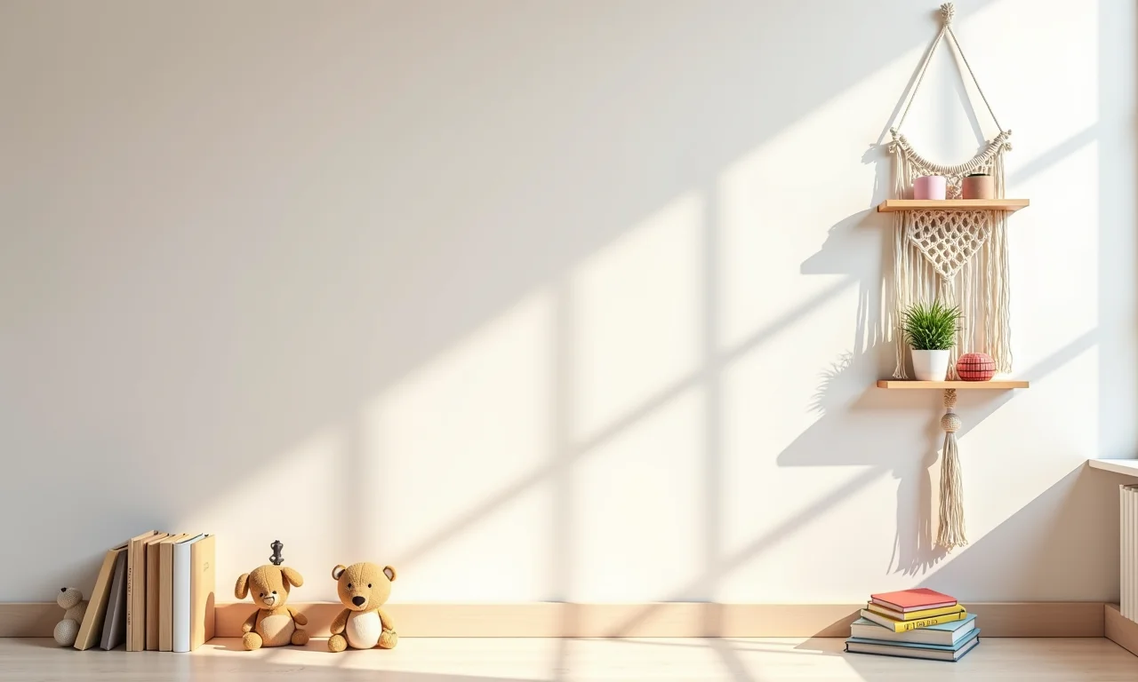 Prateleira de macramê no quarto infantil com brinquedos.