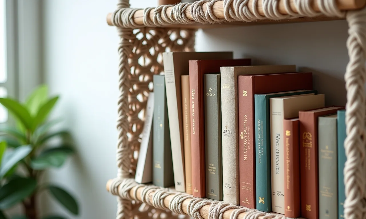Prateleira de macramê para livros na sala de estar.