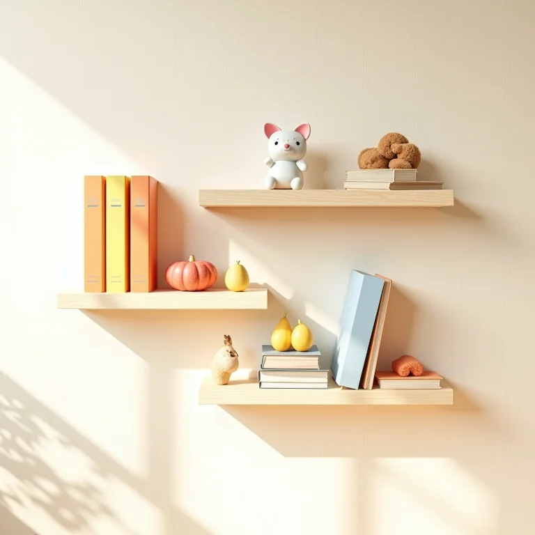 Prateleiras aéreas com livros e brinquedos em quarto infantil