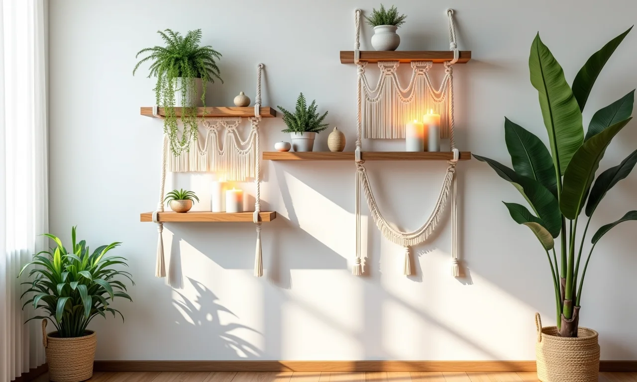 Prateleiras de macramê na sala com plantas e decoração boho.