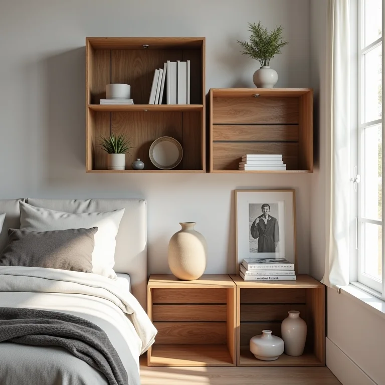 Prateleiras e mesas laterais feitas de caixotes de feira