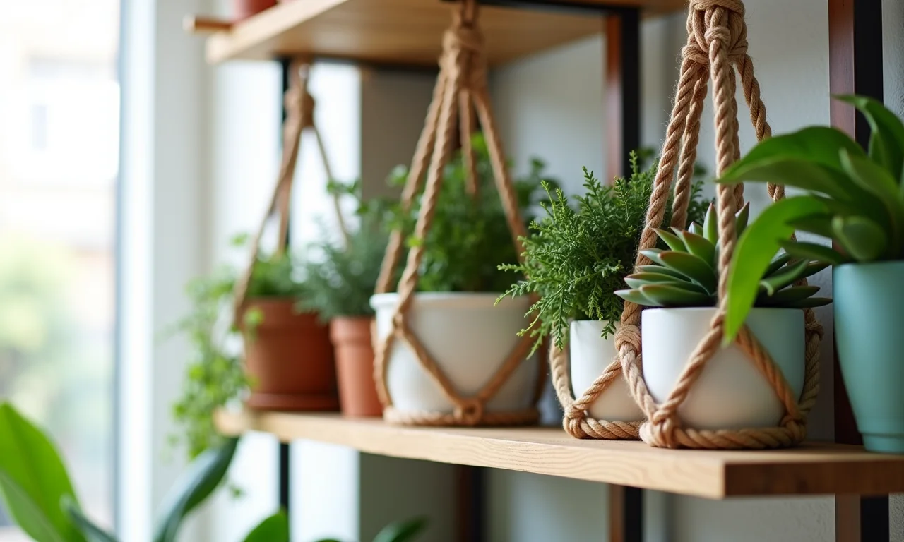 Prateleiras flutuantes de macramê com plantas em sala de estar boho.