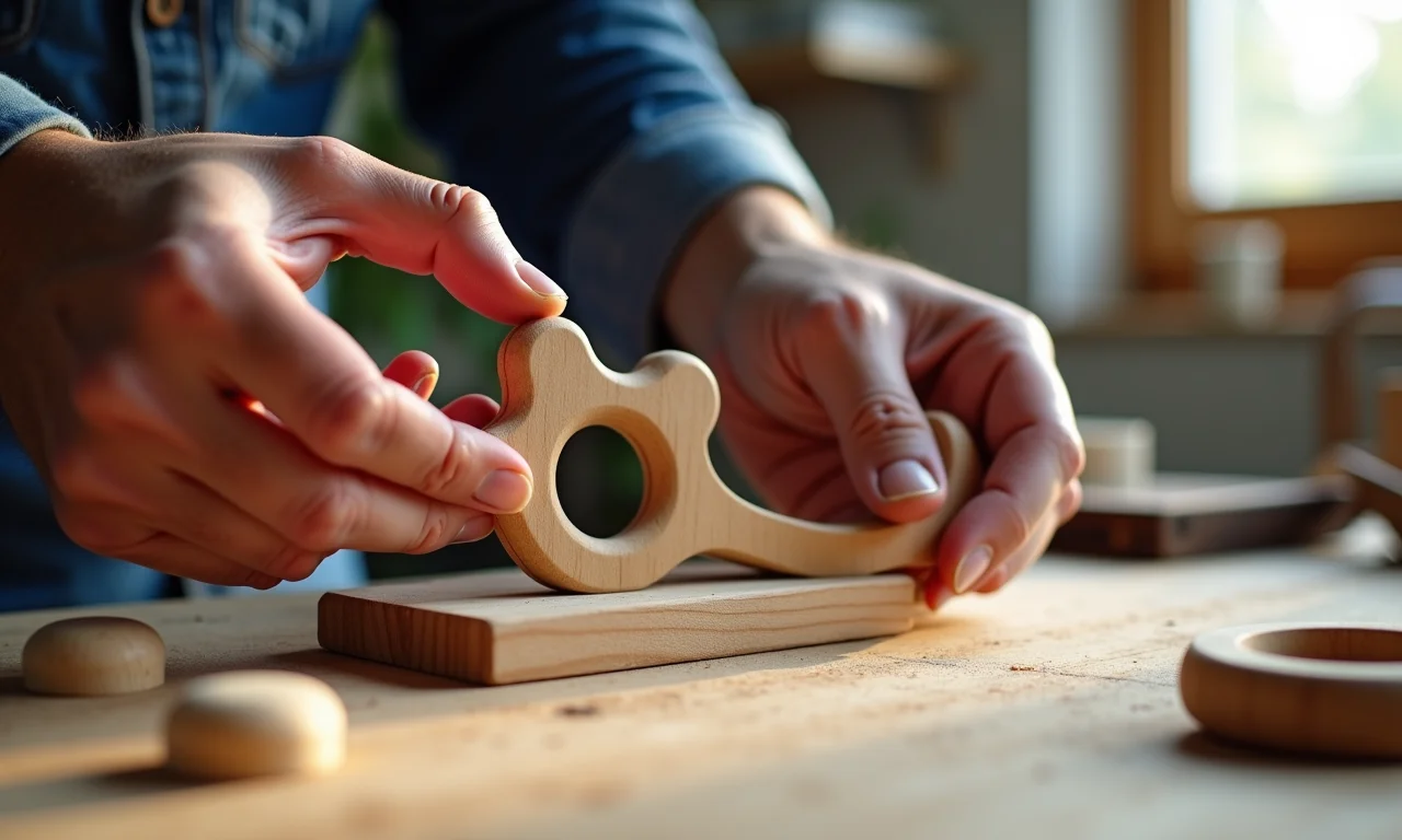 Processo de corte e lixamento de mordedor de madeira.