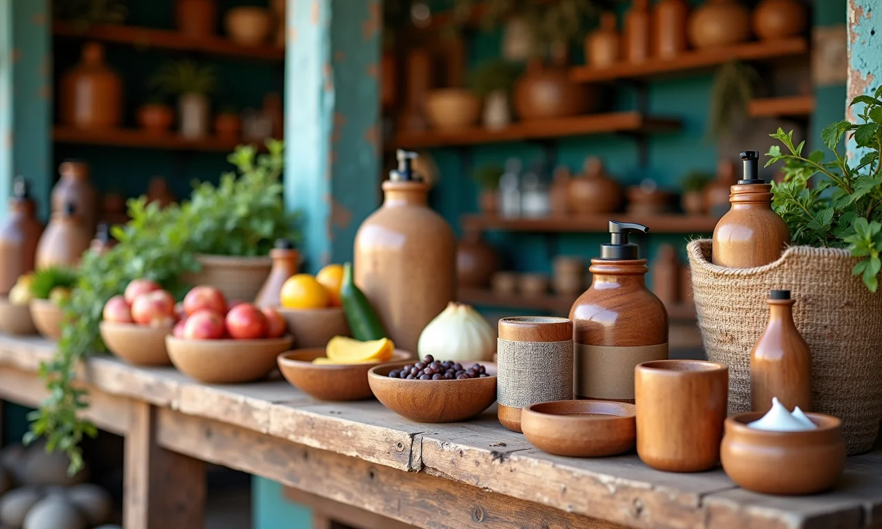 Produtos de beleza veganos artesanais em um mercado local.