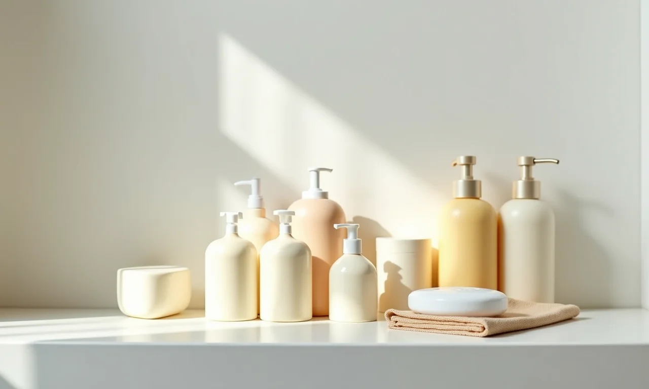 Produtos de higiene para bebê em prateleira.