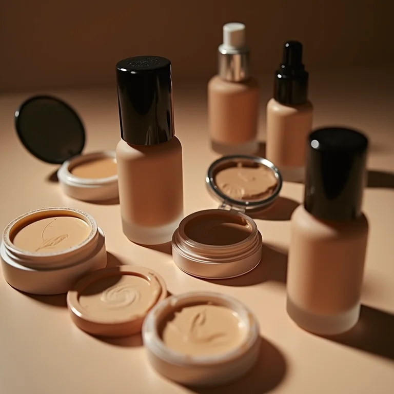 Produtos de maquiagem com alta cobertura dispostos de forma exagerada.