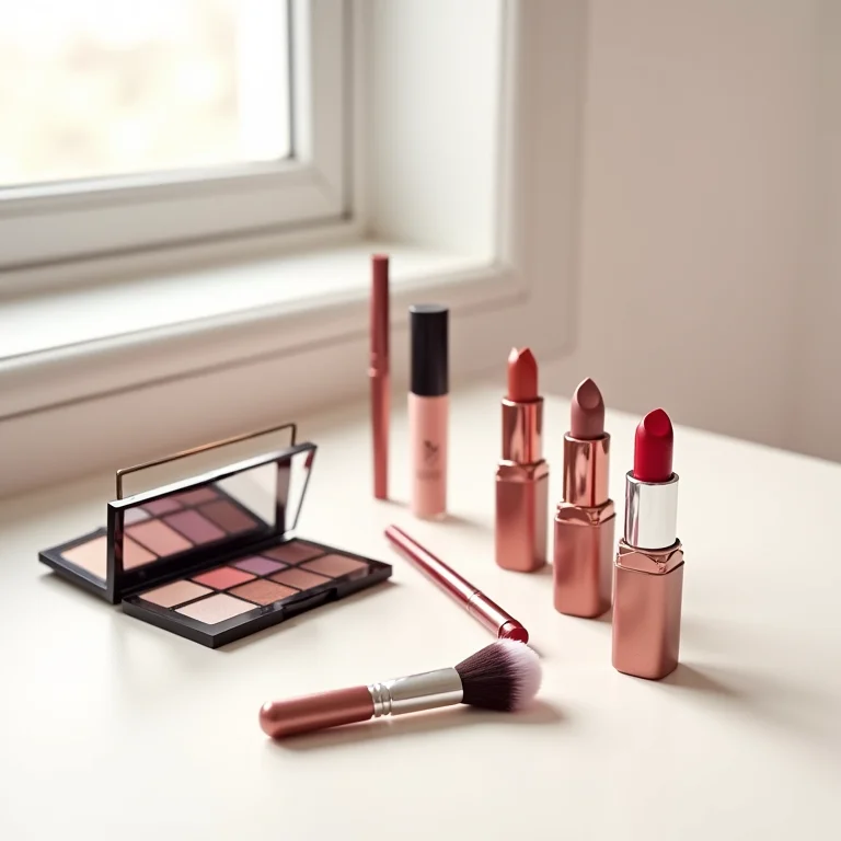 Produtos de maquiagem organizados, flat lay editorial