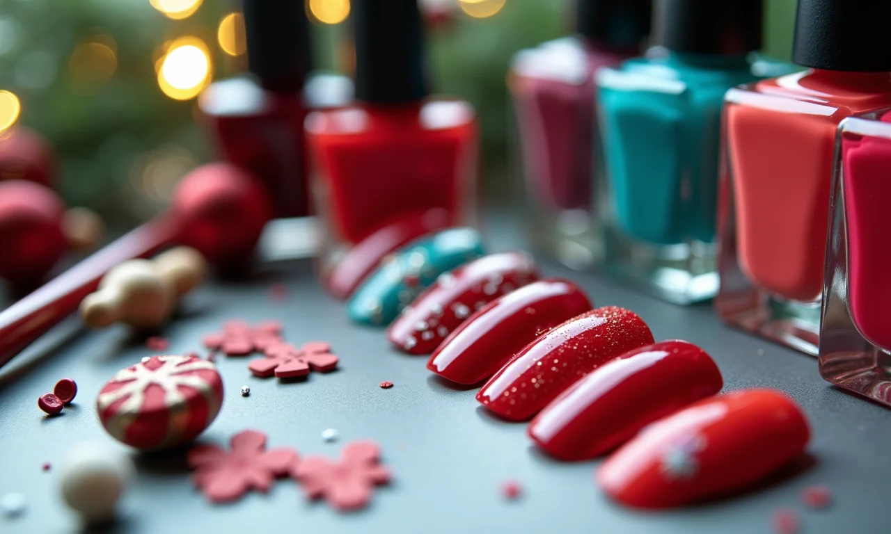 Produtos essenciais para criar decorações de unhas natalinas.