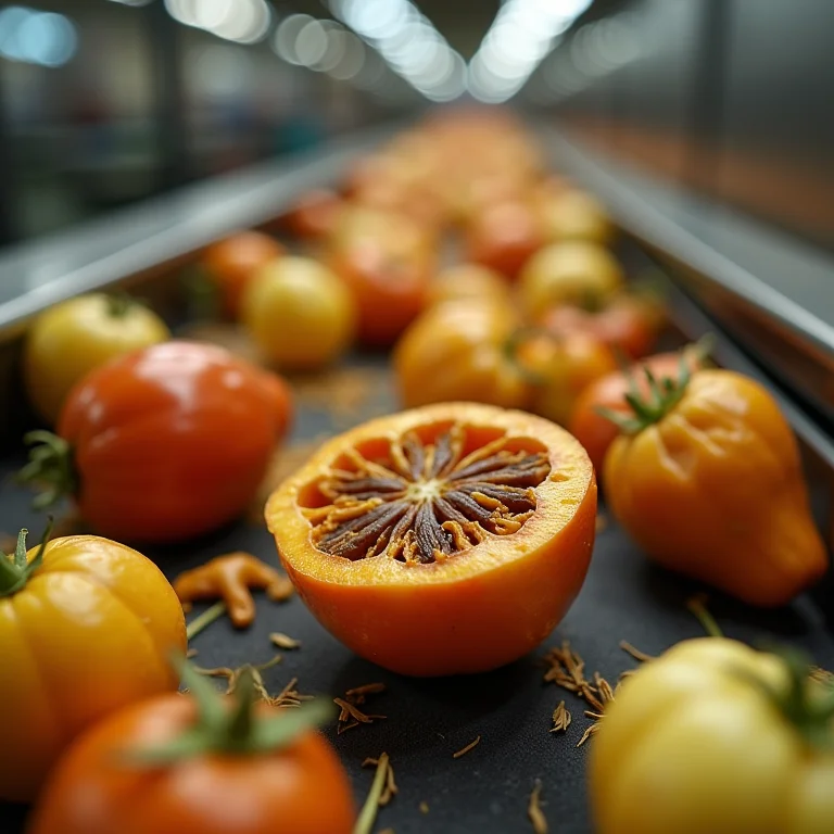 Produtos machucados em uma esteira, representando o desperdício no transporte e armazenamento.
