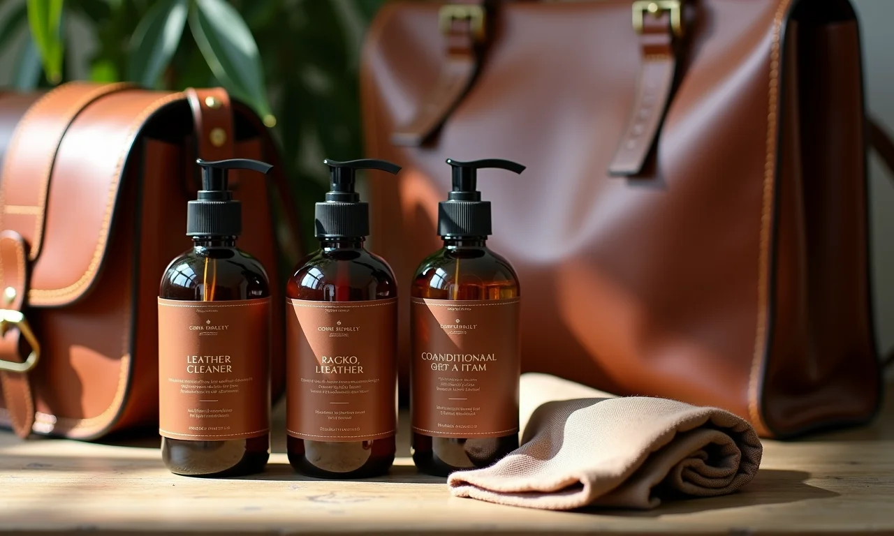 Produtos para cuidado de bolsas de couro marrom.