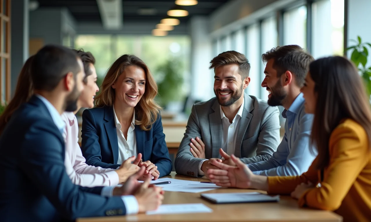 Profissionais diversos comunicando-se de forma assertiva em um ambiente de trabalho moderno.