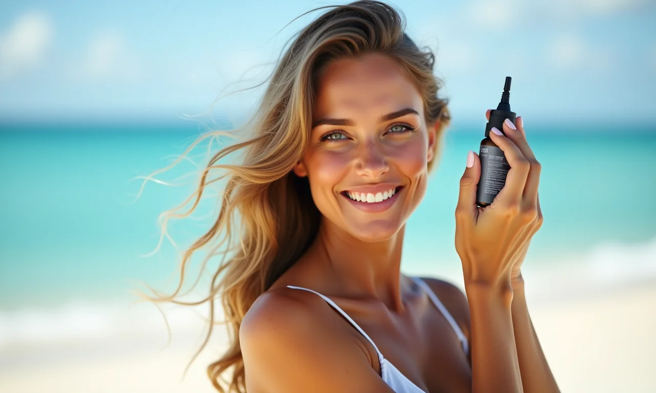 Proteção solar e contra o cloro com reparador de pontas na praia.