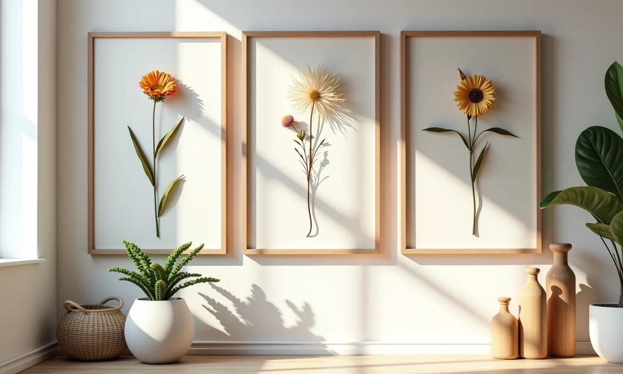 Quadros com arranjos de flores secas delicadas.