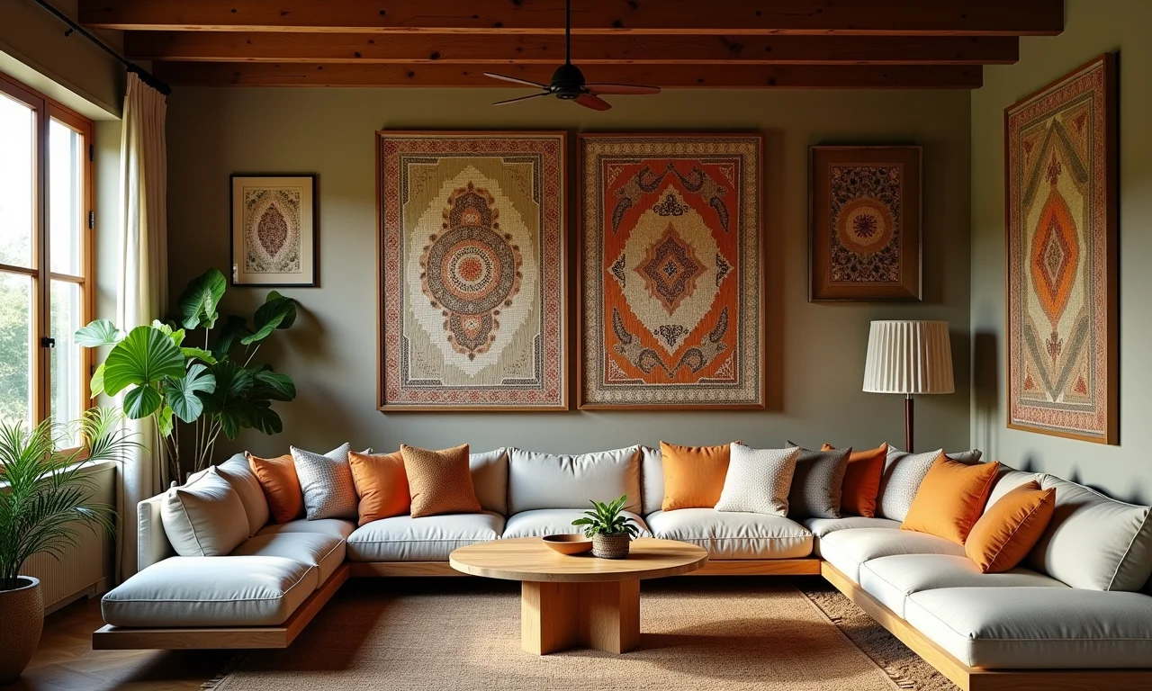 Quadros decorativos com tecidos e bordados coloridos.