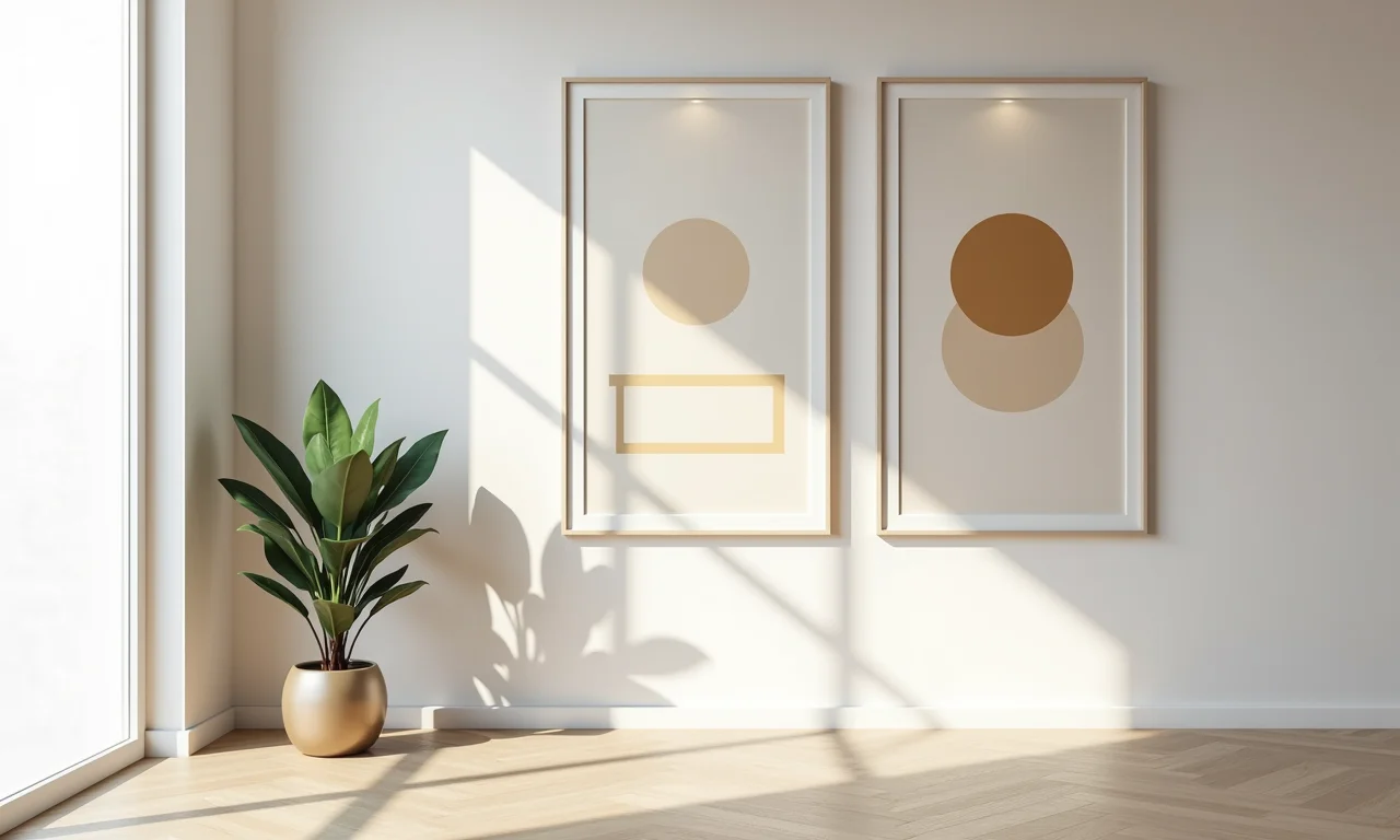 Quadros minimalistas com linhas e formas geométricas.