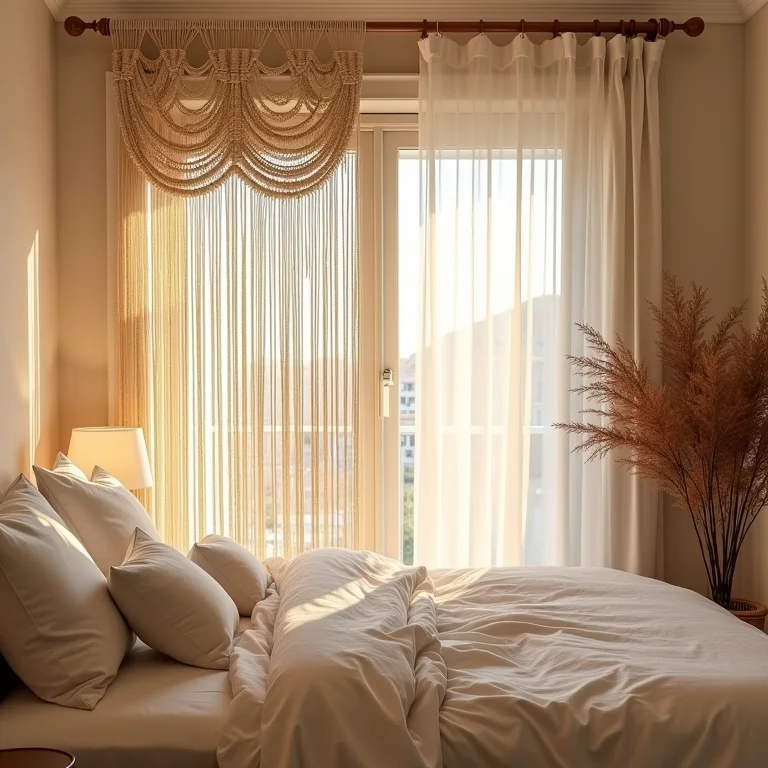 Quarto aconchegante com cortinas de macramê criando um ambiente íntimo.