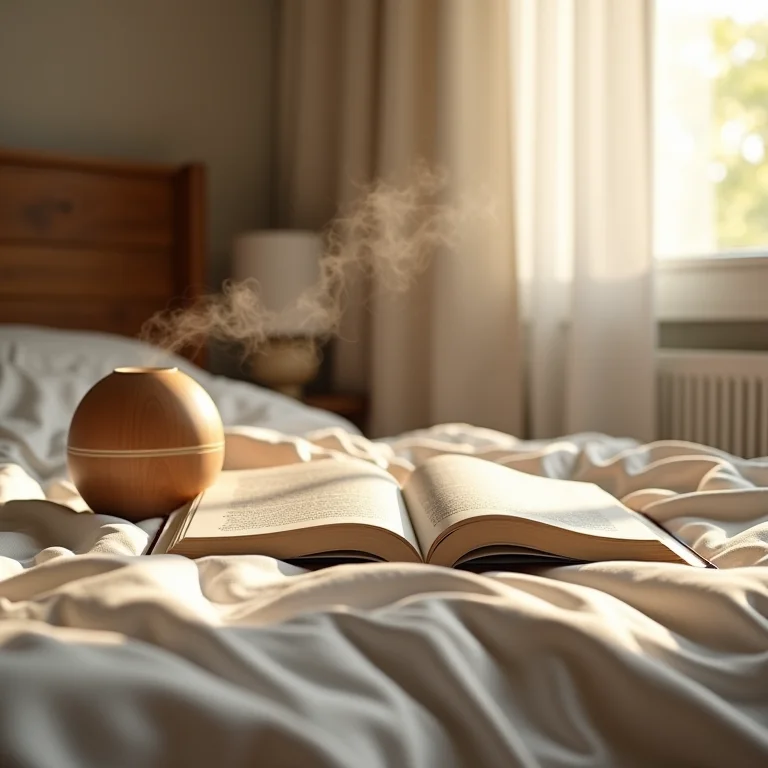 Quarto aconchegante com diário aberto e difusor de aromas.