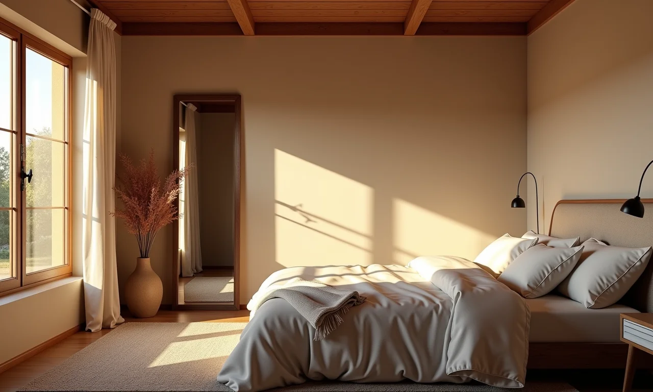 Quarto aconchegante com espelho e iluminação indireta suave.