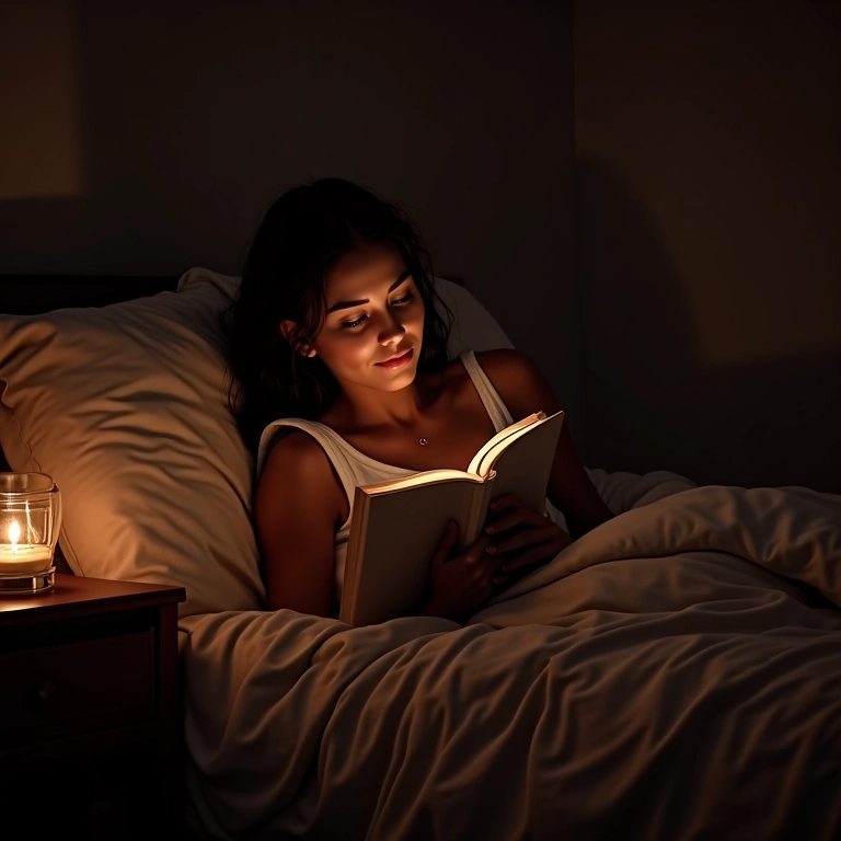 Quarto aconchegante com roupa de cama de flanela e mulher lendo.