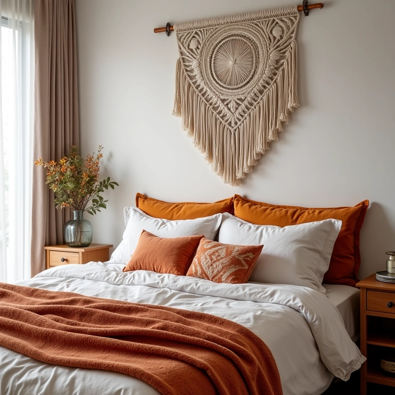 Quarto boho com cabeceira de almofadas suspensas e decoração em macramê.