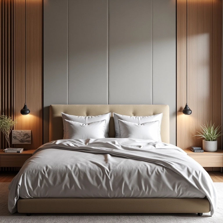 Quarto com cabeceira de almofadas suspensas da C&C Casa e Construção.