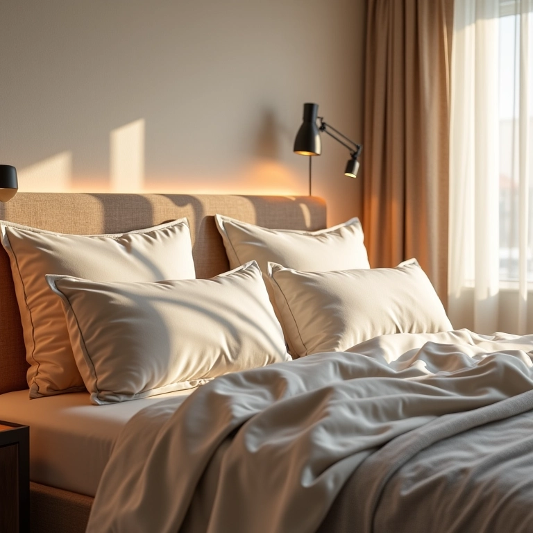 Quarto com cabeceira de almofadas suspensas e iluminação aconchegante para leitura.