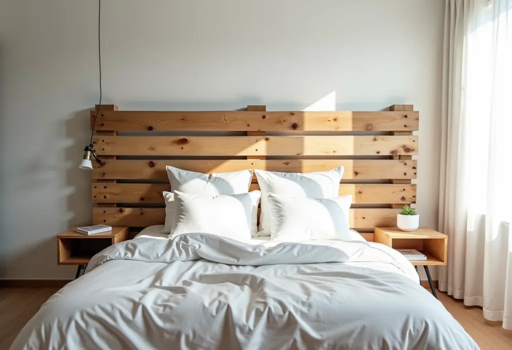 Quarto de casal: a cabeceira de pallet que vai te inspirar Quarto com cabeceira de pallet rústica e aconchegante.