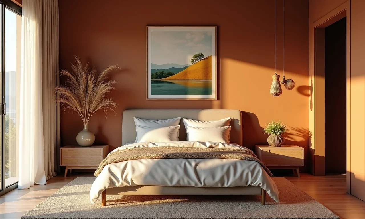 Quarto com cores e texturas criando atmosfera.