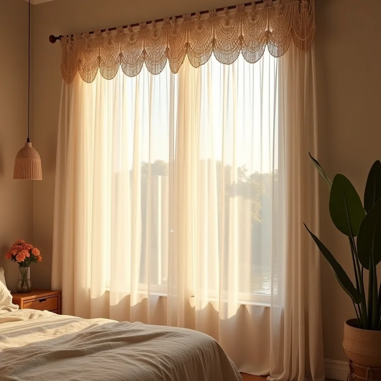 Quarto com cortina de macramê e ambiente tranquilo
