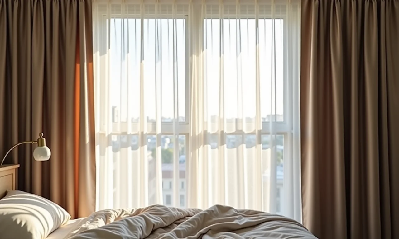 Quarto com cortinas blackout e tecido translúcido.