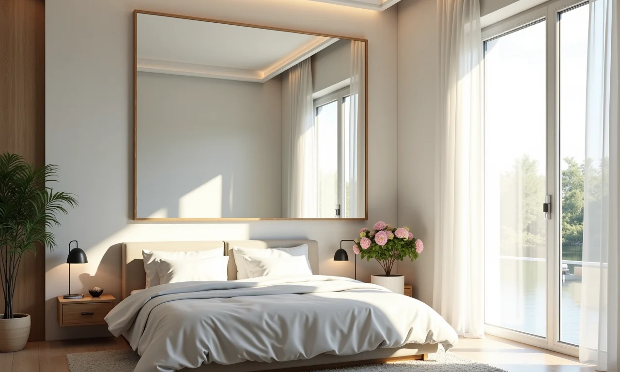 Quarto com espelhos ampliando o espaço.