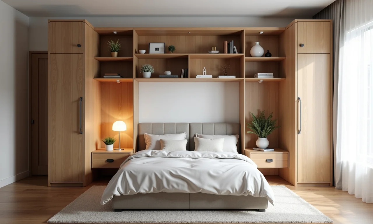 Quarto com móveis multifuncionais.