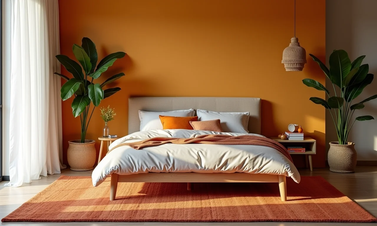 Quarto com tapete aconchegante e estiloso.