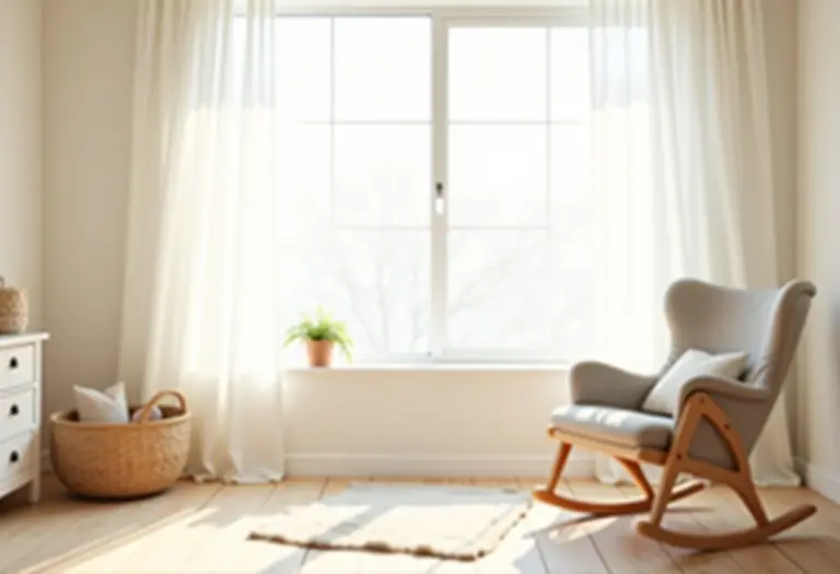 Quarto de bebê neutro com iluminação suave e decoração minimalista