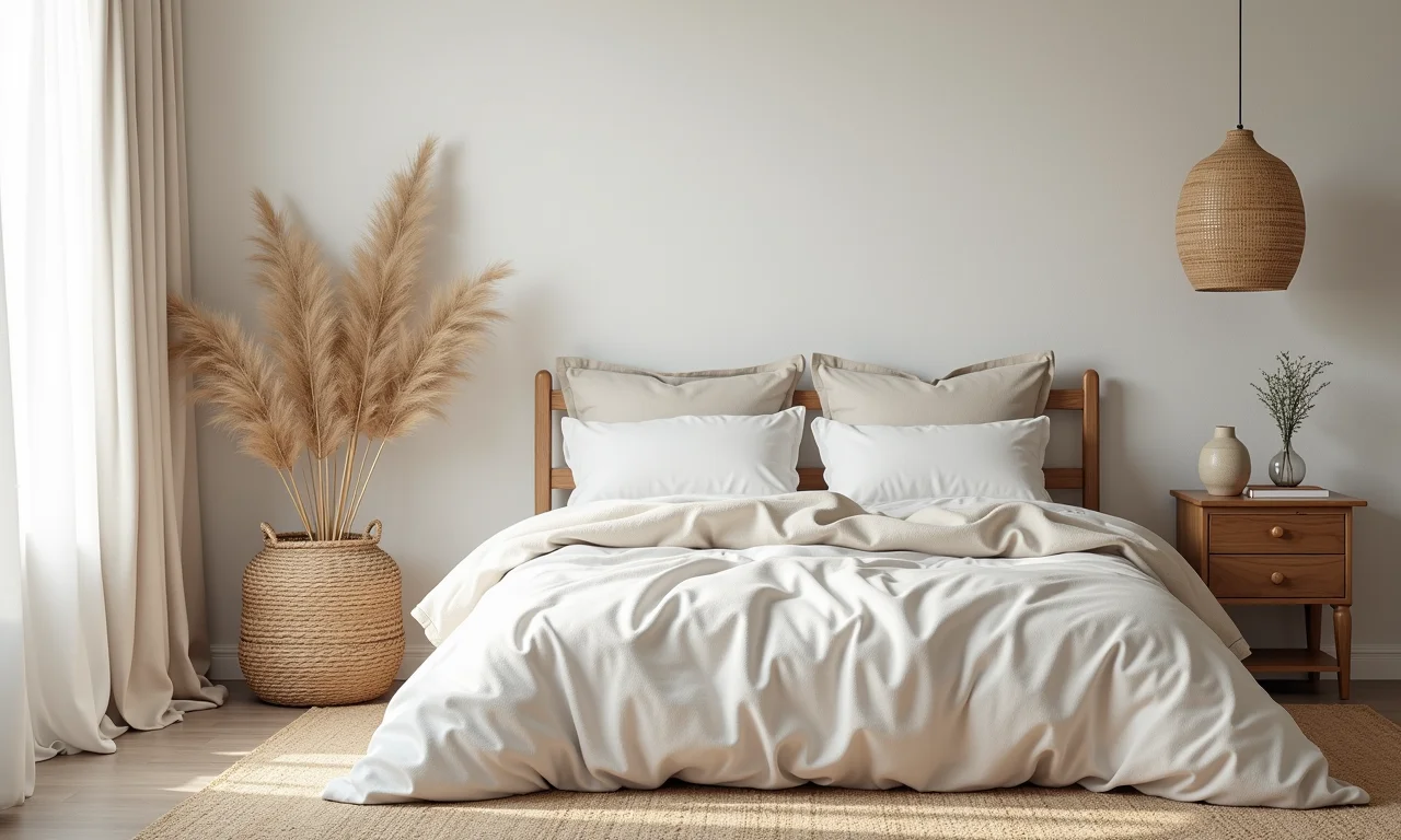 Quarto de casa de praia com roupa de cama de linho e cesto de vime