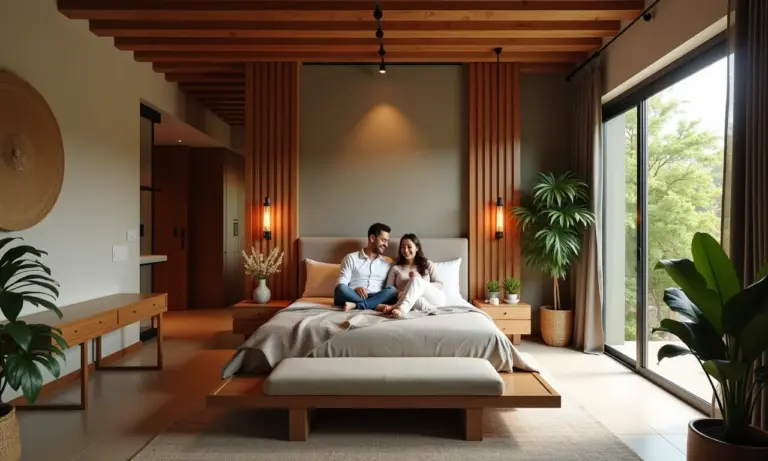 Quarto de casal aconchegante com suíte integrada e iluminação natural.