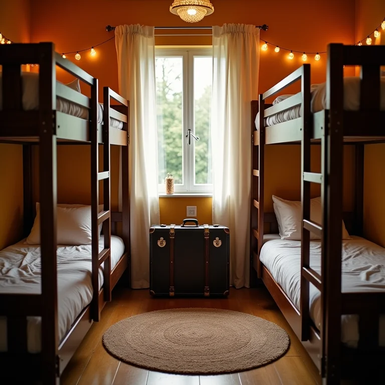 Quarto de hostel aconchegante com malas e luzes.