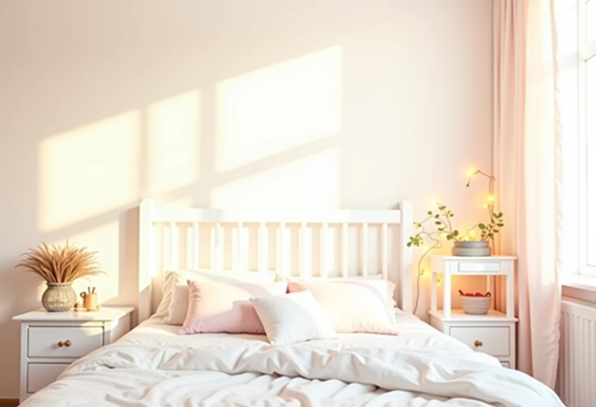 Quarto de menina Tumblr simples com decoração em tons pastel e iluminação aconchegante