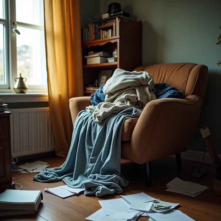 Quarto desorganizado com bagunça