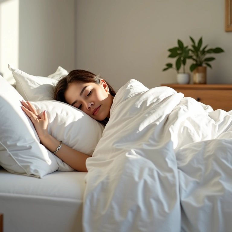 Quarto elegante com roupa de cama de algodão egípcio e mulher dormindo.