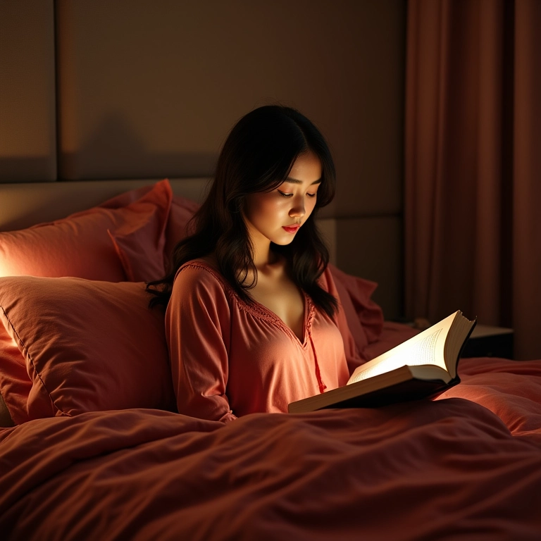 Quarto elegante com roupa de cama de veludo e mulher relaxando.