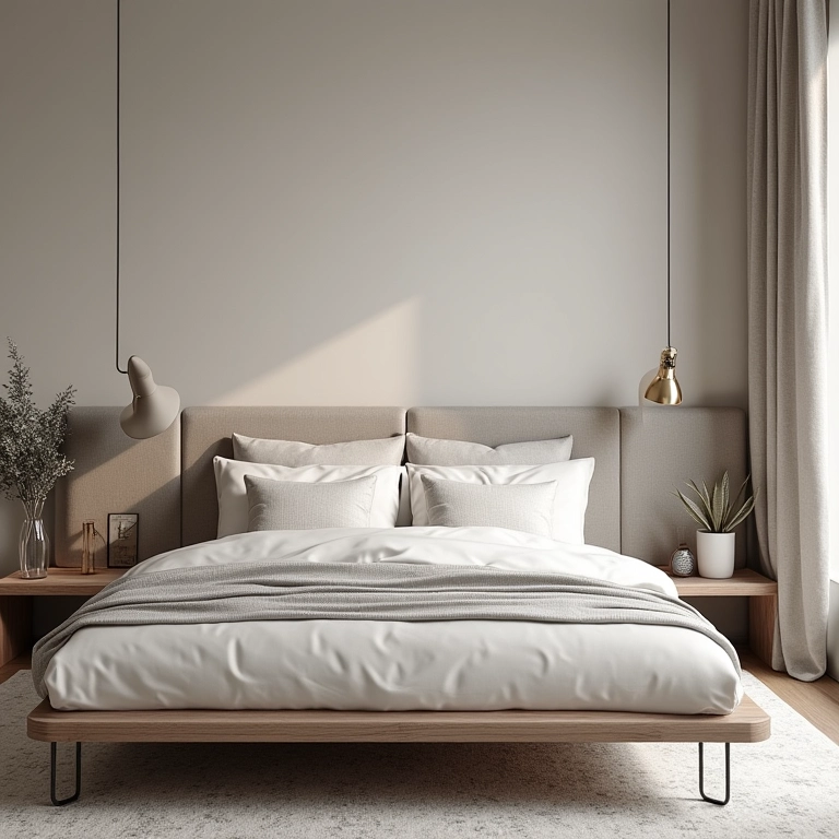 Quarto moderno com cabeceira de almofadas suspensas e design minimalista.