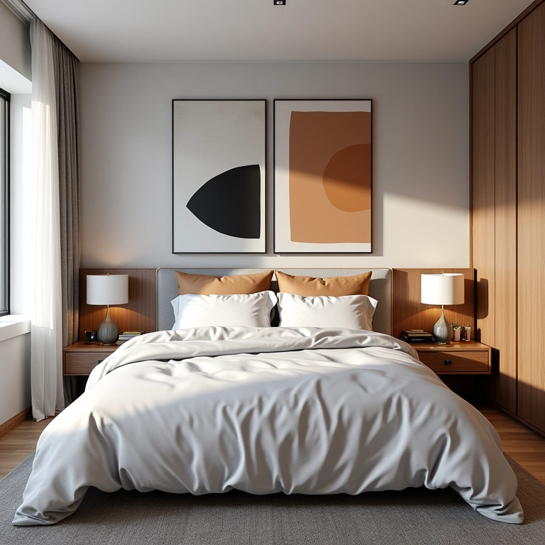 Quarto moderno com cabeceira de almofadas suspensas e estampas geométricas.